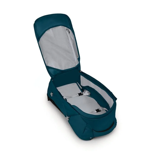 Fairview 55 travel backpack open showing interior compartments and padded handles.