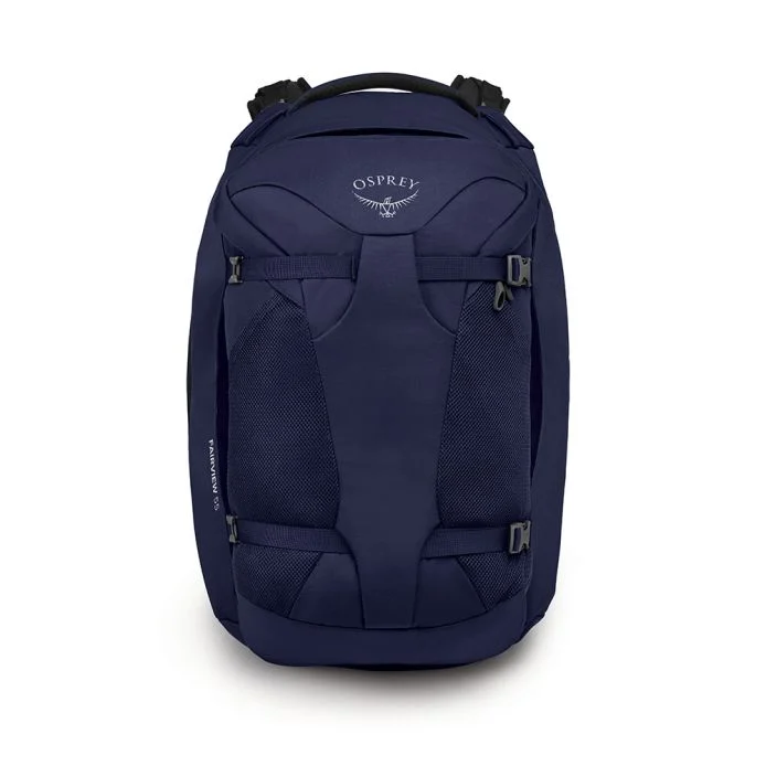 Fairview 55 travel backpack in durable blue fabric with adjustable torso, padded handles, and detachable daypack.