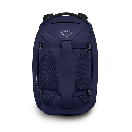 Fairview 55 travel backpack in durable blue fabric with adjustable torso, padded handles, and detachable daypack.