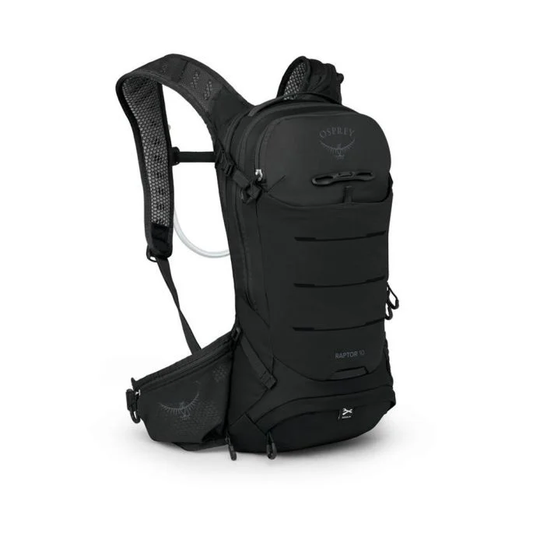 Raptor 10 hydration backpack with 2.5L reservoir, ergonomic harness, waist belt pockets, bike tool roll, and reflective graphics.