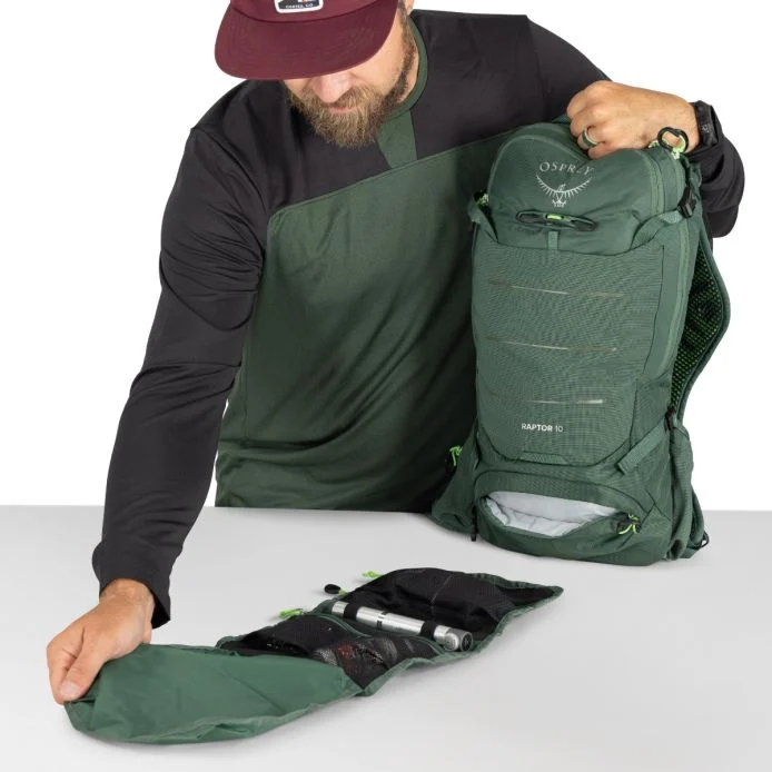 Raptor 10 mountain bike hydration backpack with tools and accessories.