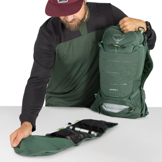 Raptor 10 mountain bike hydration backpack with tools and accessories.