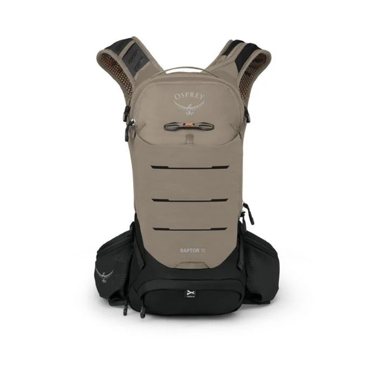 Raptor 10 hydration backpack for mountain biking with ergonomic harness and waist belt.