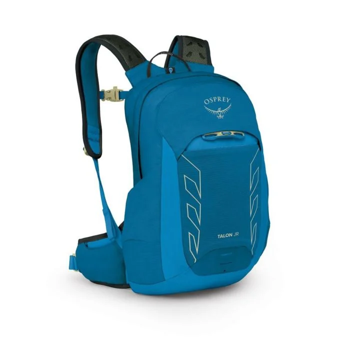 Talon Jr blue hiking backpack with breathable AirScape™ back panel, durable recycled materials, and multiple pockets.