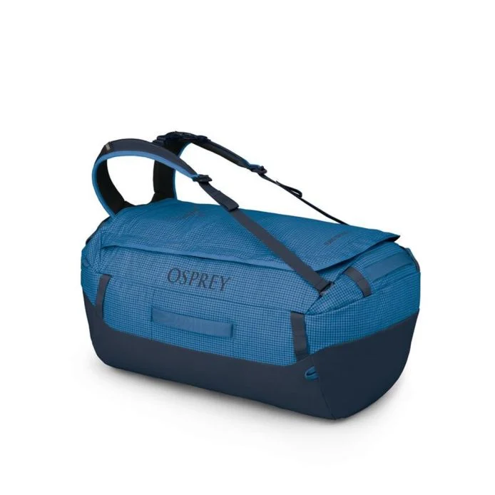 Transporter 65 duffel bag in blue with robust, weather-resistant design and convertible harness.