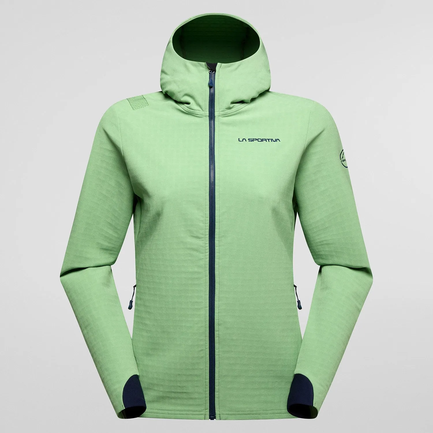 Descender Storm Jacket W in green with full zip and hood, featuring windproof and water-repellent Techstretch Storm fabric, antibacterial treatment, and zip pockets.