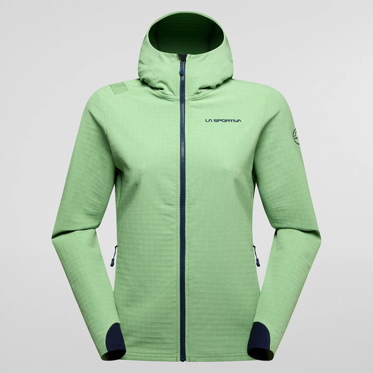 Descender Storm Jacket W in green with full zip and hood, featuring windproof and water-repellent Techstretch Storm fabric, antibacterial treatment, and zip pockets.