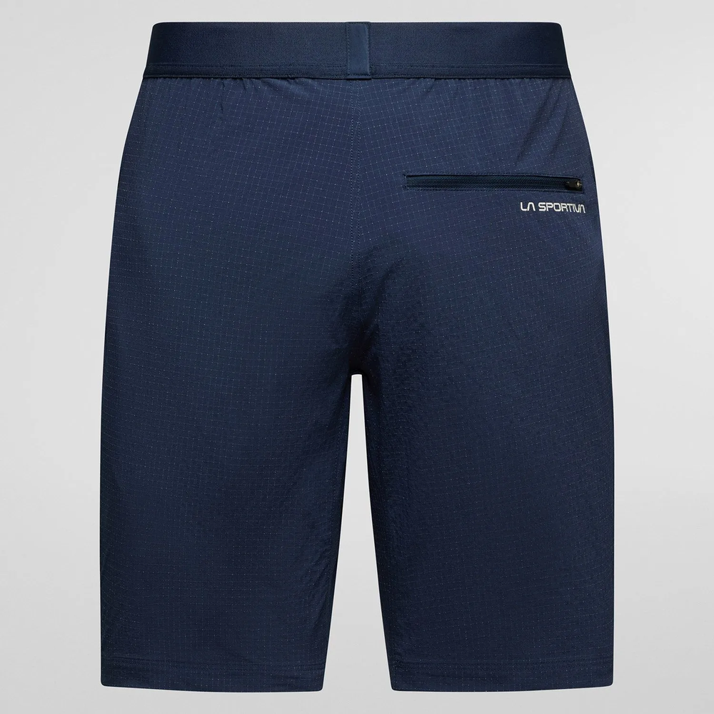 Pantaloncini Helixir M blu navy con tasca posteriore con zip, perfetti per l'arrampicata estiva.