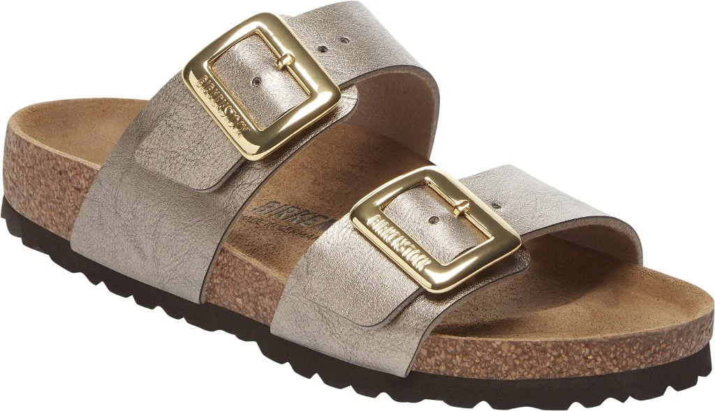Sidney Birkenstock sandals with Birko-Flor straps, gold buckles, and cork-latex footbed.
