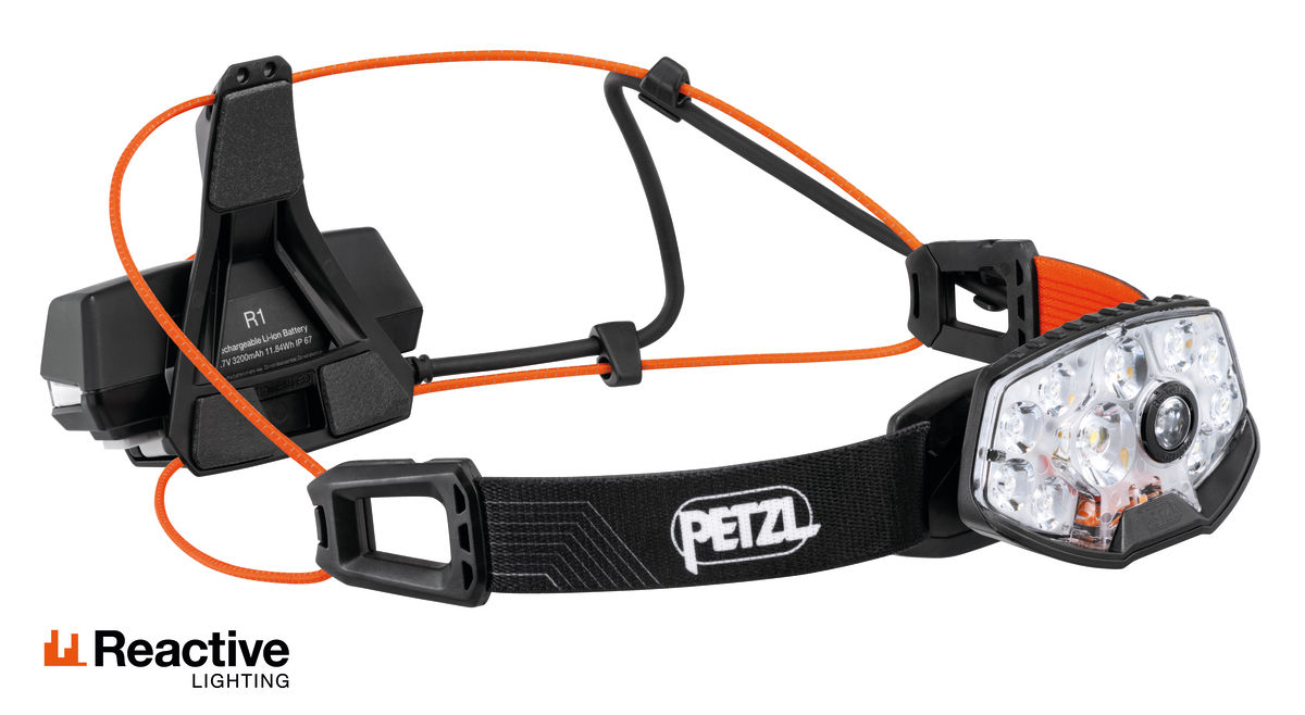 Ergonomic Nao RL headlamp with 1500 lumens, reactive lighting technology, lightweight design, and rechargeable battery.