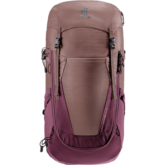 Backpack designed for women with short back length, featuring comfort fit, adjustable straps, and Aircomfort system for ventilation; ideal for hiking and compatible with 3-liter hydration system.