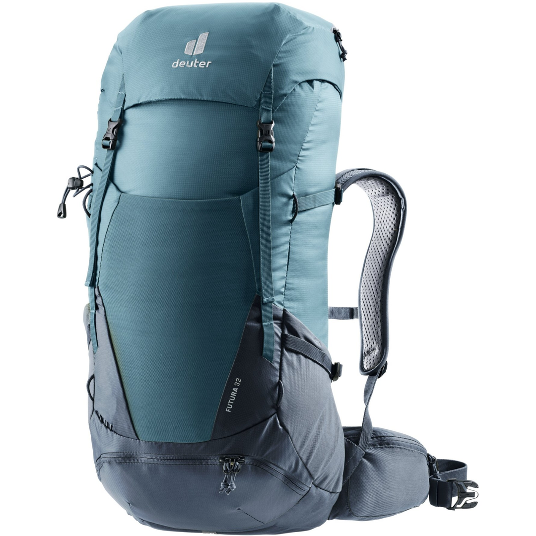 Futura 32 backpack, designed for women's comfort on multi-day hikes, featuring ergonomic Aircomfort Sensic Pro system, multiple compartments, and eco-friendly materials.