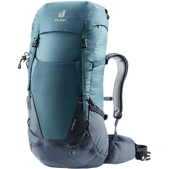 Futura 32 backpack, designed for women's comfort on multi-day hikes, featuring ergonomic Aircomfort Sensic Pro system, multiple compartments, and eco-friendly materials.