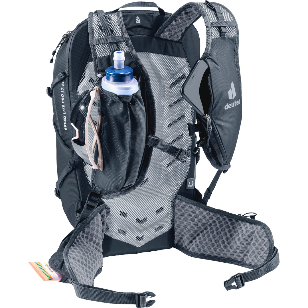 Speed Lite Pro 17 SL backpack with ventilated back panel, perforated shoulder straps, and external soft bottle holder.