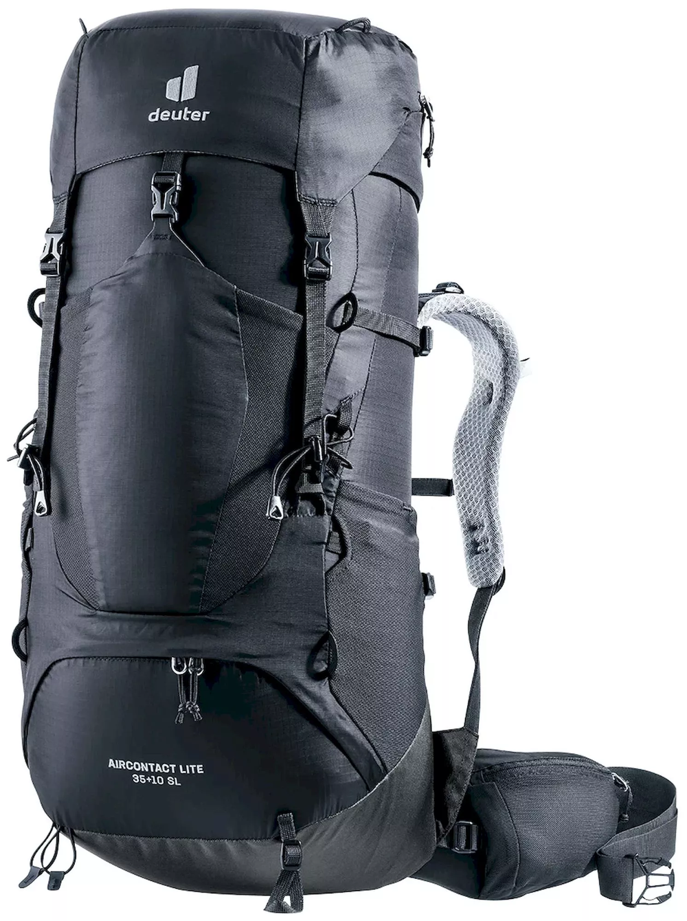 Trekking backpack Aircontact Lite 35 + 10 SL, ergonomic design with Aircomfort system, black color.