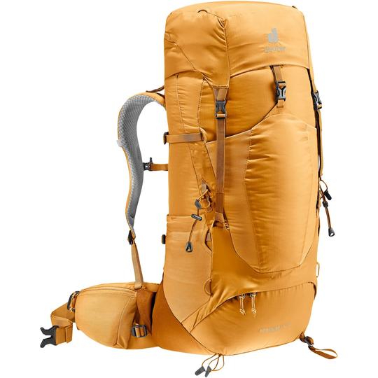 Sporty orange trekking backpack Aircontact Lite 40 + 10, featuring ergonomic straps, expandable storage, and VariQuick back length adjustment system.