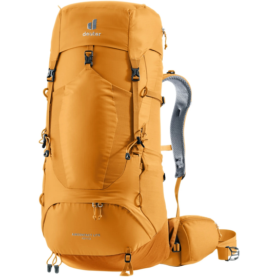 Sporty orange Aircontact Lite 40 + 10 trekking backpack with adjustable straps and multiple compartments.