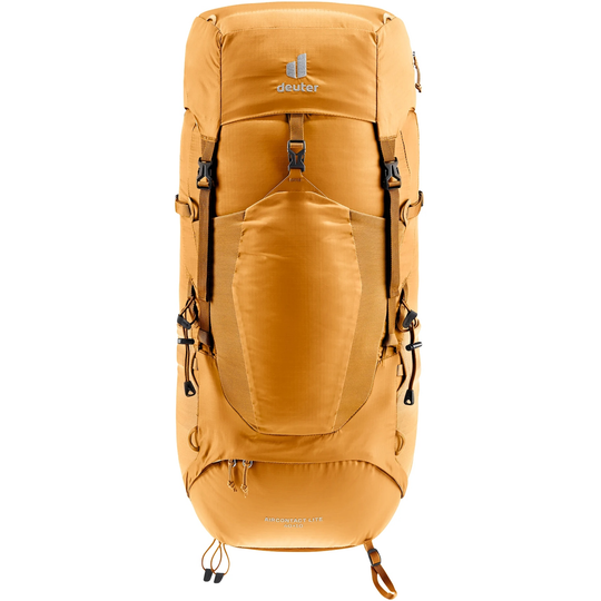 Sporty trekking backpack Aircontact Lite 40 + 10, lightweight with Aircomfort back system, adjustable straps, side pockets, helmet attachment, durable material.