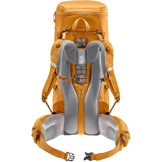 Sporty trekking backpack in orange, featuring Aircomfort back system and ergonomic shoulder straps for comfort; Aircontact Lite 40 + 10.