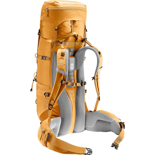 Sporty yellow hiking backpack, Aircontact Lite 40 + 10, with adjustable straps, ventilation back system, and multiple compartments.