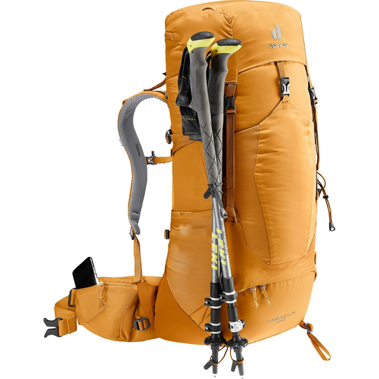 Lightweight Aircontact Lite 40 + 10 trekking backpack with ergonomic straps and multiple compartments.
