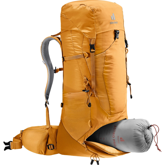 Trekking backpack Aircontact Lite 40 + 10 with ergonomic design, orange color, multiple compartments, and adjustable straps.