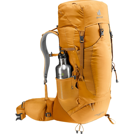 Sporty trekking backpack, Aircontact Lite 40 + 10, lightweight with Aircomfort back system, ergonomic straps, and elastic side pocket.