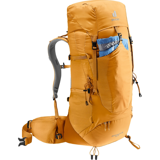 Aircontact Lite 40 + 10 trekking backpack in orange with ergonomic straps and storage compartments.