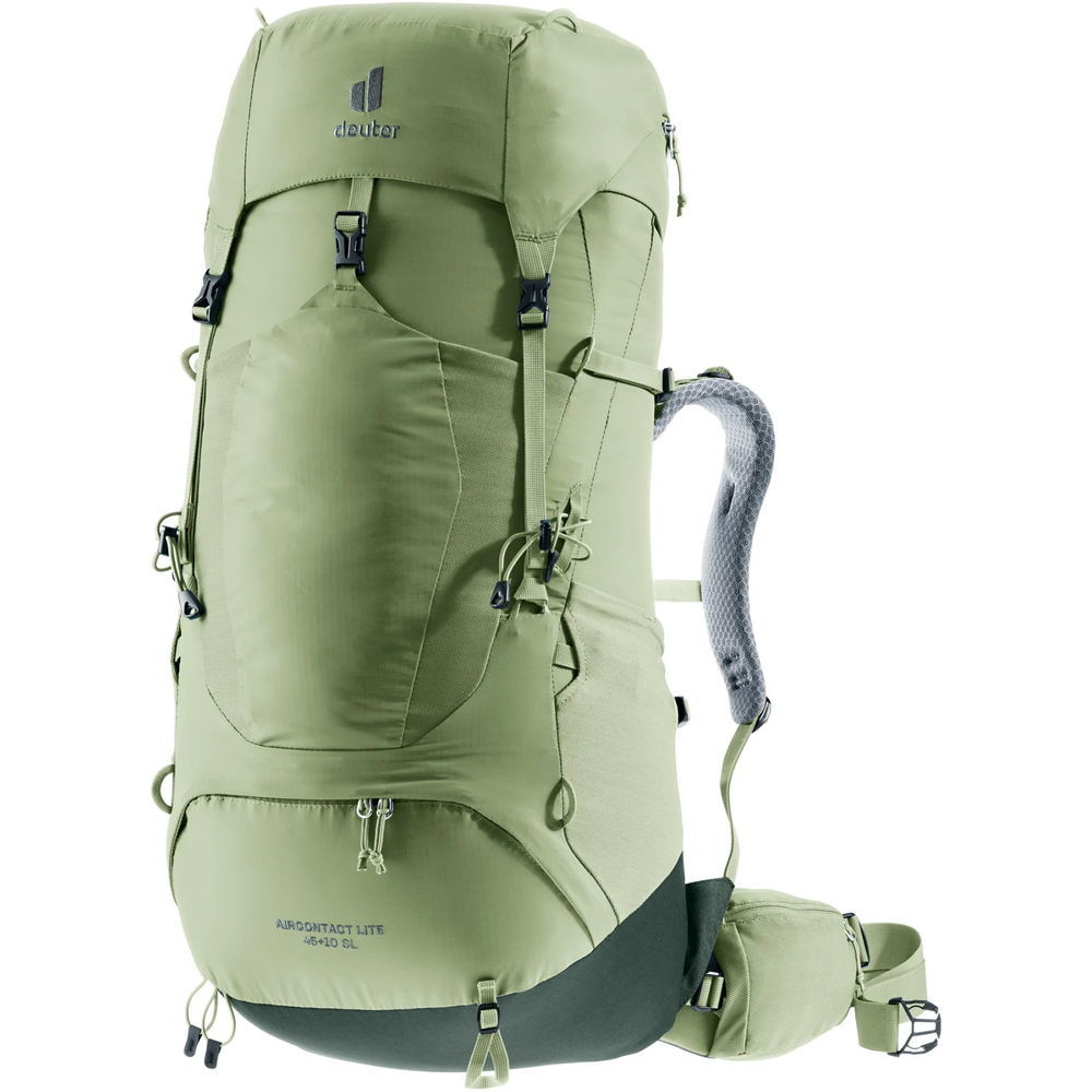 Lightweight trekking backpack with adjustable back system, elastic side pockets, and helmet attachment loops for long-distance hiking.