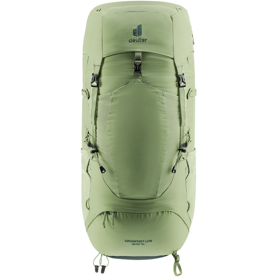 Lightweight green trekking backpack with Aircomfort back system, adjustable straps, and ergonomic design for long-distance hiking.