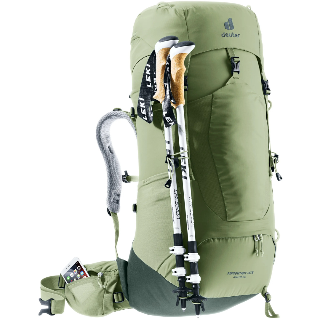 Lightweight Aircontact Lite 45 + 10 SL trekking backpack with Aircomfort back system and expandable top.