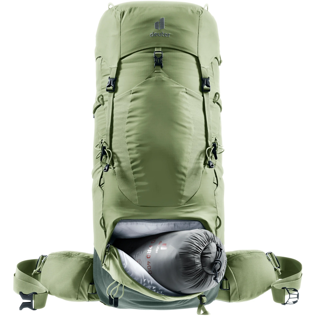 Lightweight Aircontact Lite 45 + 10 SL trekking backpack with ergonomic straps and Aircomfort ventilation system.