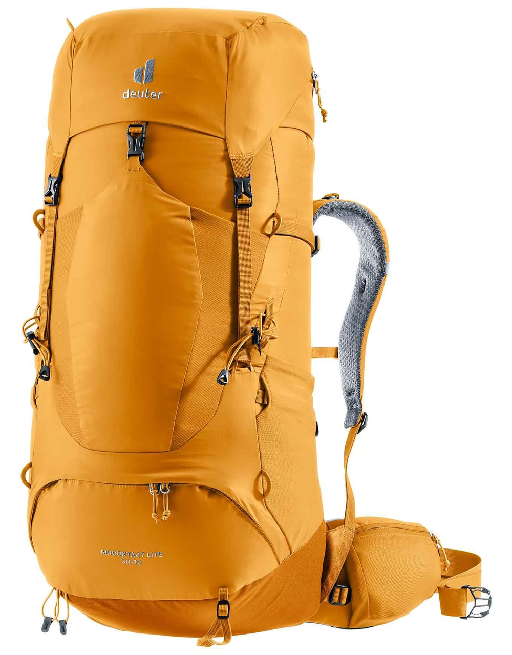 Lightweight Deuter Aircontact Lite 50 + 10 trekking backpack with adjustable fit and ergonomic design.