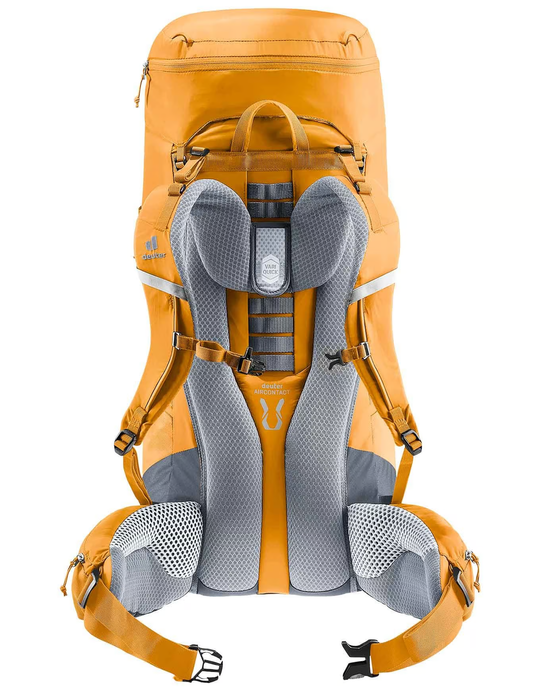 Lightweight orange Aircontact Lite backpack with ergonomic straps, adjustable back system, and mesh side pockets for hiking.