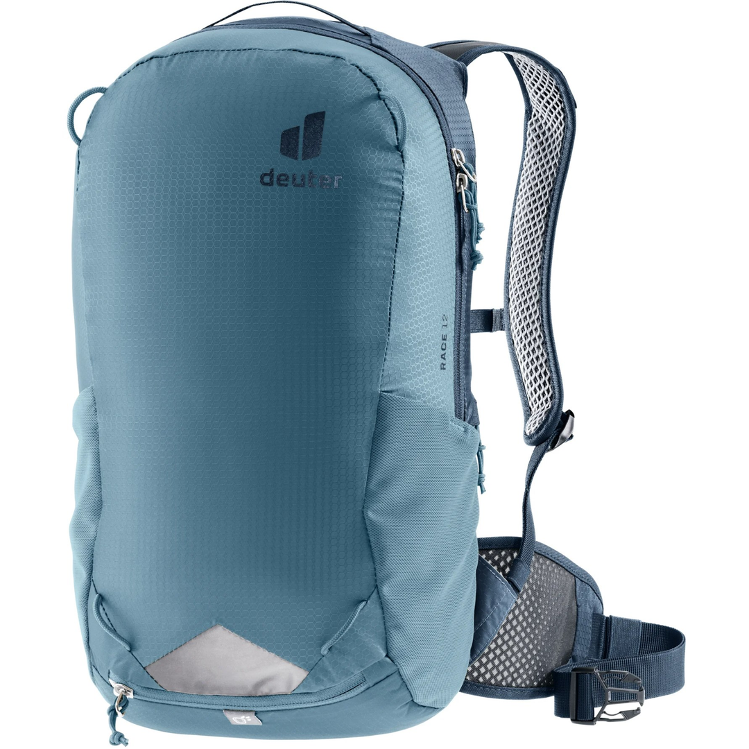 Zaino per bici Deuter Race 12 blu con sistema Airstripes traspirante e tasche elastiche.