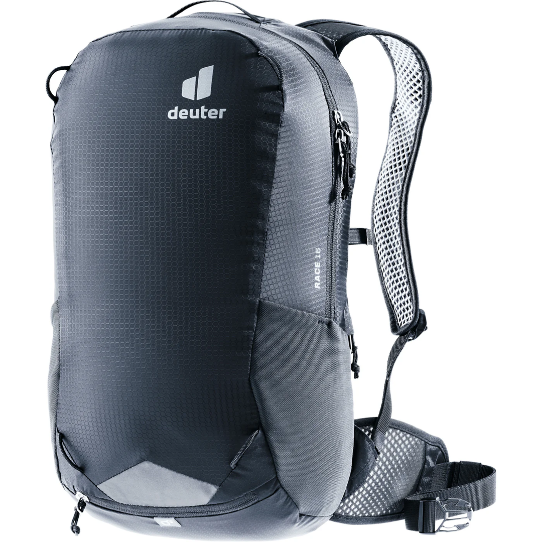 Compact Deuter Race 16 bike backpack with breathable Airstripes system, 16L, black.