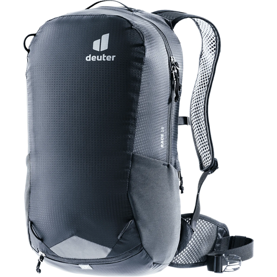 Compact Deuter Race 16 bike backpack with breathable Airstripes system, 16L, black.