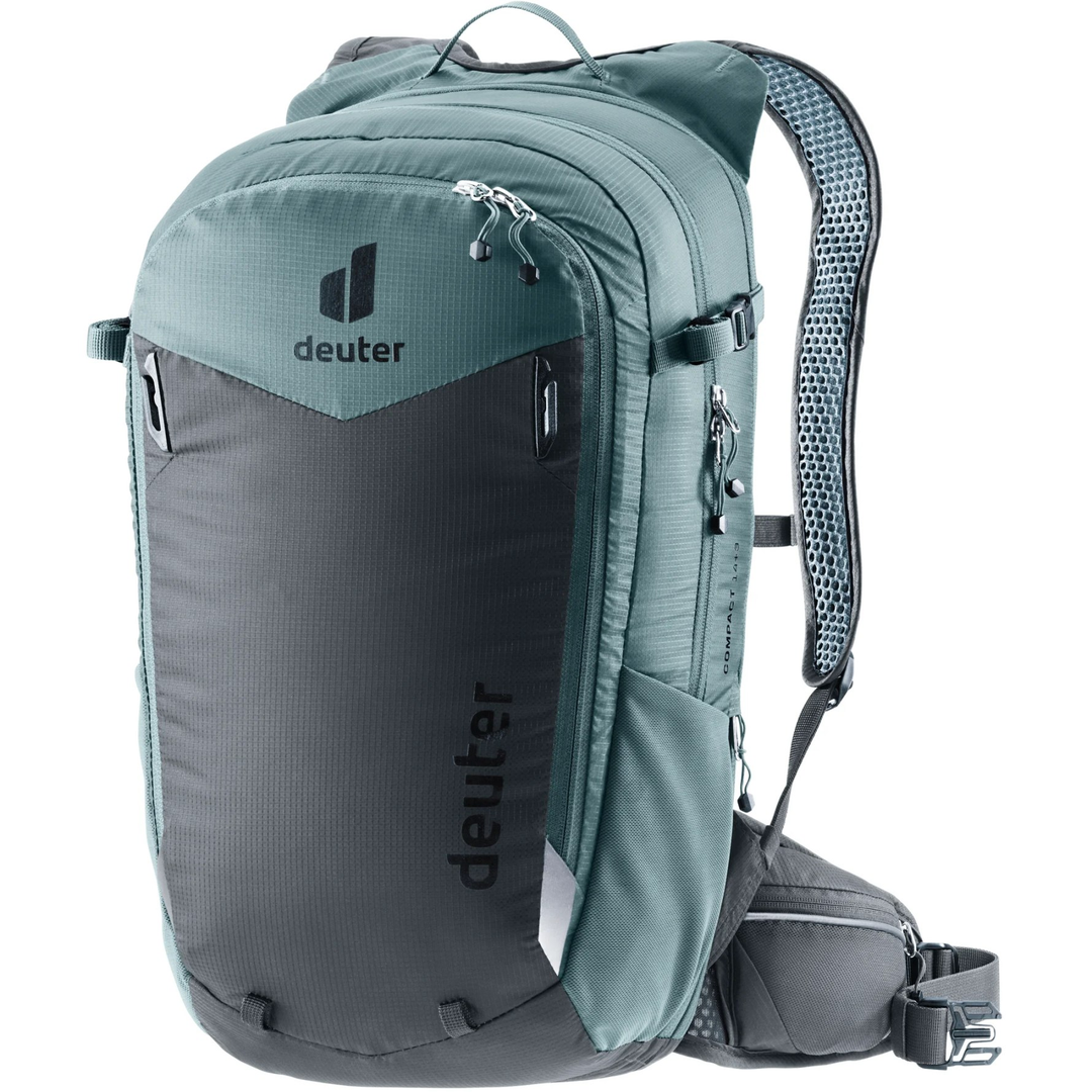 Compact 14+3 backpack with Airstripes back system, hydration compartment, and expandable volume.