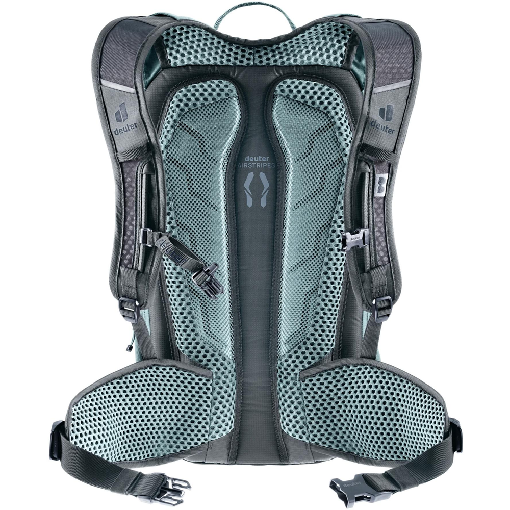 Compact 14+3 bike backpack with Airstripes system, expandable volume, and helmet attachment.