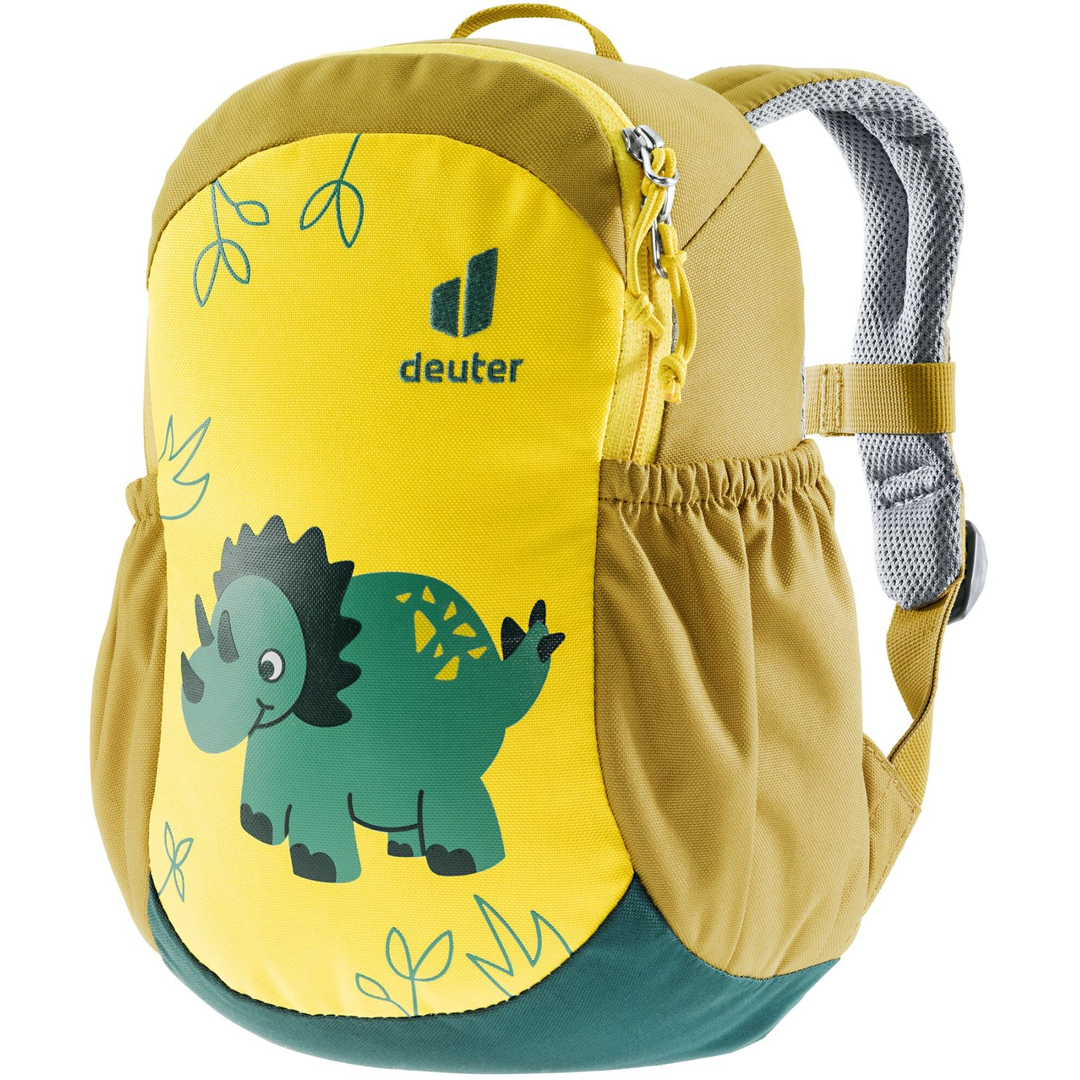 Pico children's backpack with padded back panel, green dinosaur design, soft S-shaped shoulder straps, and elastic side pockets.