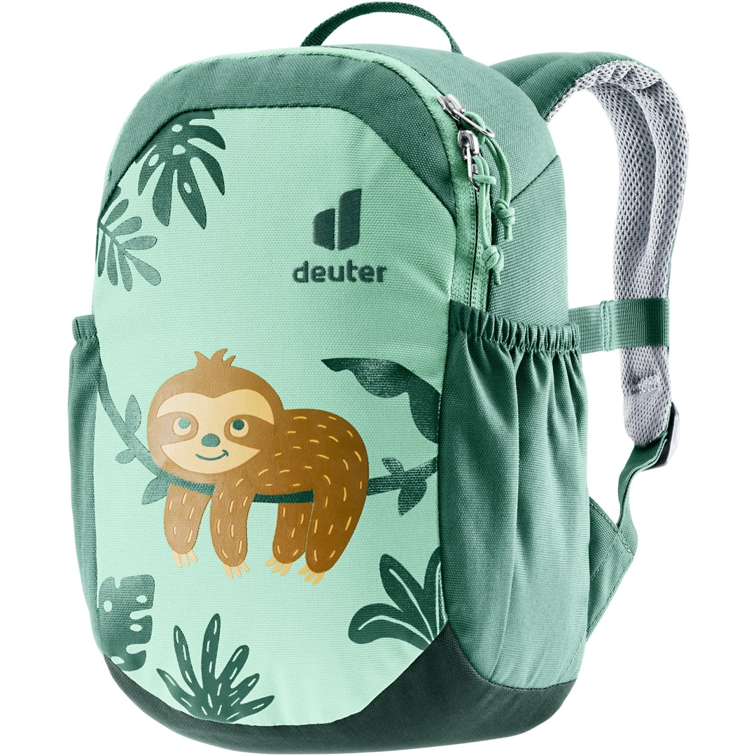 Zaino per bambini con schienale comodamente imbottito, design di bradipo, tasche laterali elastiche.