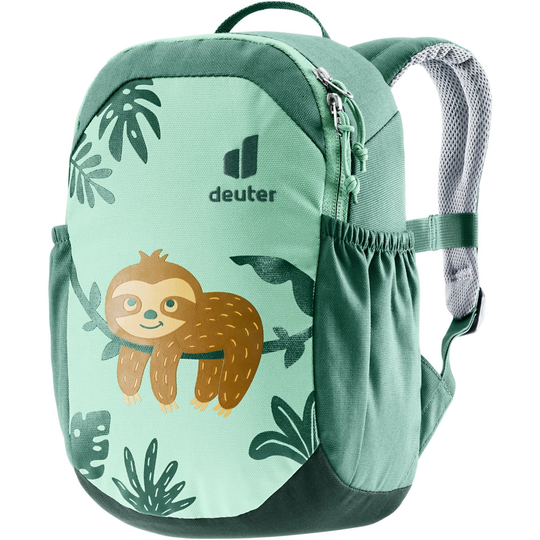Zaino per bambini con schienale comodamente imbottito, design di bradipo, tasche laterali elastiche.