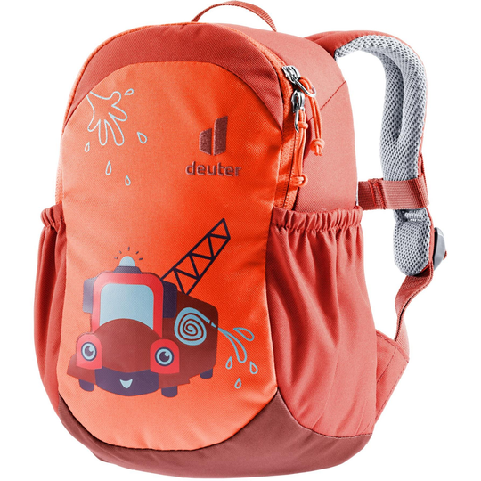 Children's backpack with cushioned backrest, featuring S-shaped straps, elastic side pockets, and a playful design for young explorers.
