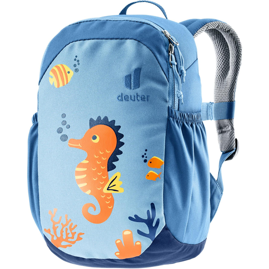 Blue children's backpack with seahorse design, featuring a comfortably padded backrest and adjustable straps for toddlers.