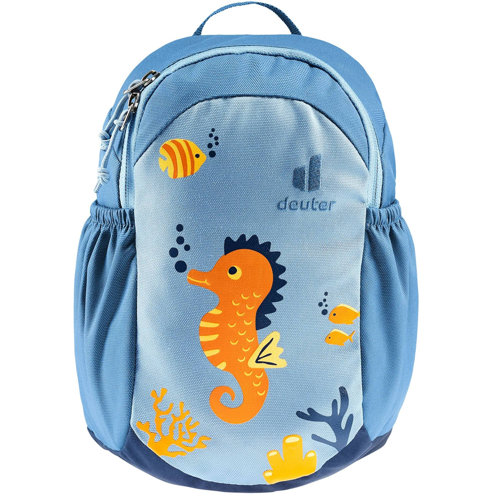 Small blue children's backpack with seahorse design, featuring comfortably padded back, elastic side pockets, and S-shaped shoulder straps.