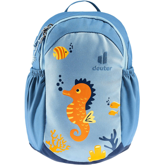 Small blue children's backpack with seahorse design, featuring comfortably padded back, elastic side pockets, and S-shaped shoulder straps.