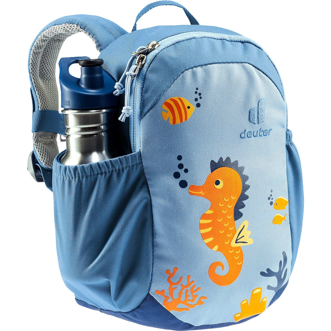 Children's backpack with comfortably padded backrest, S-shaped padded straps, and colorful sea creature design.
