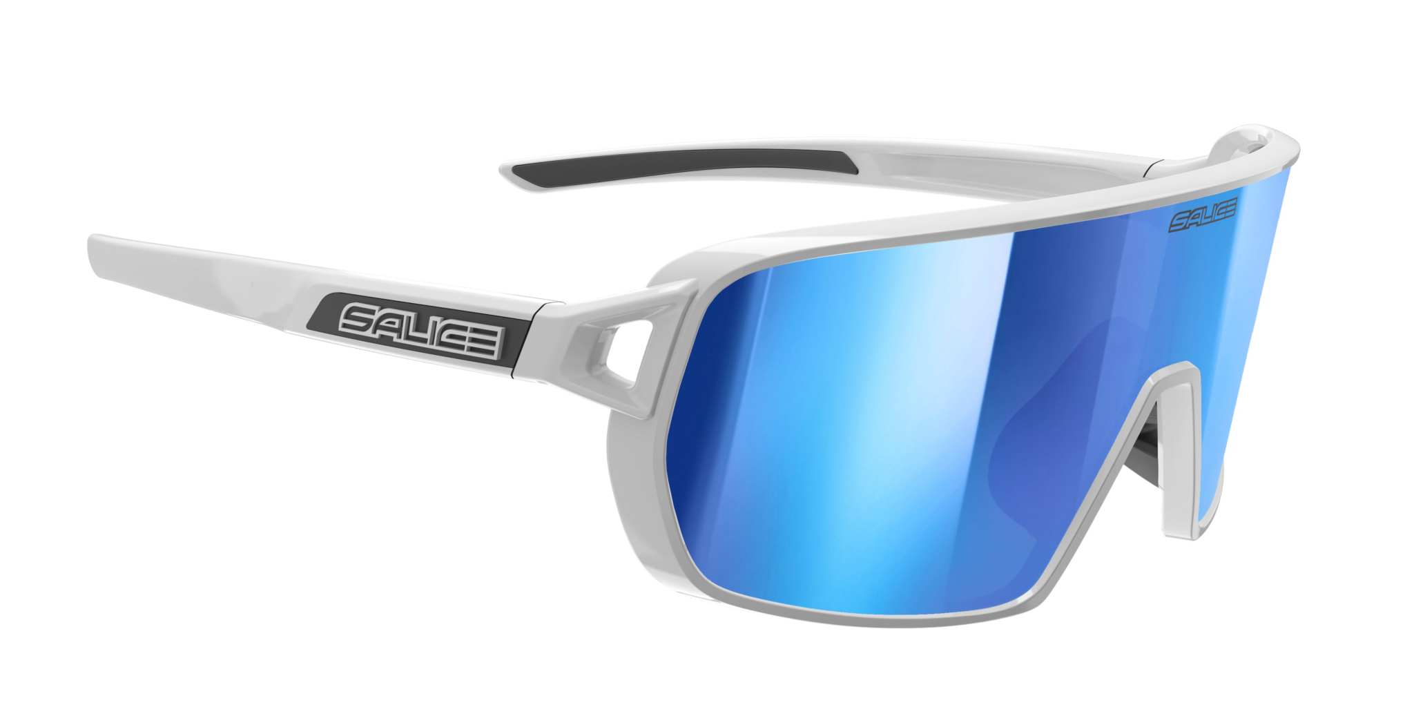 Sport sunglasses 028RW with blue mirrored lens and white frame for outdoor activities.