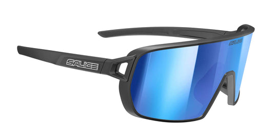 Cylindrical sports sunglasses 028RWX with blue mirrored lens, black Grilamid frame, and laser engraving, ideal for outdoor activities.