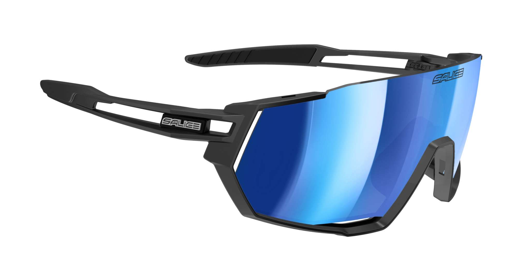Sports sunglasses 029RW with blue reflective lenses and black frame.